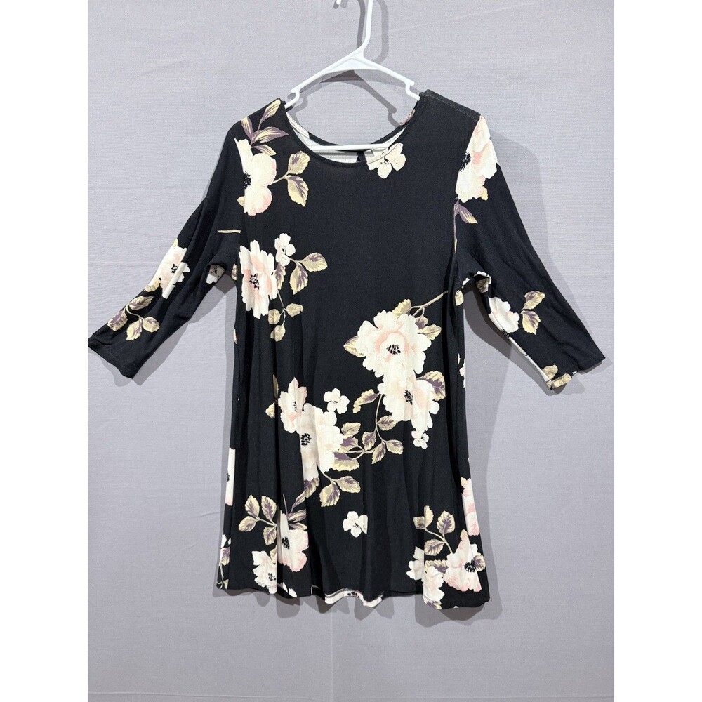 Bobbie Brooks Black Large Floral Print Casual Slip On 3/4 Sleeve Dress